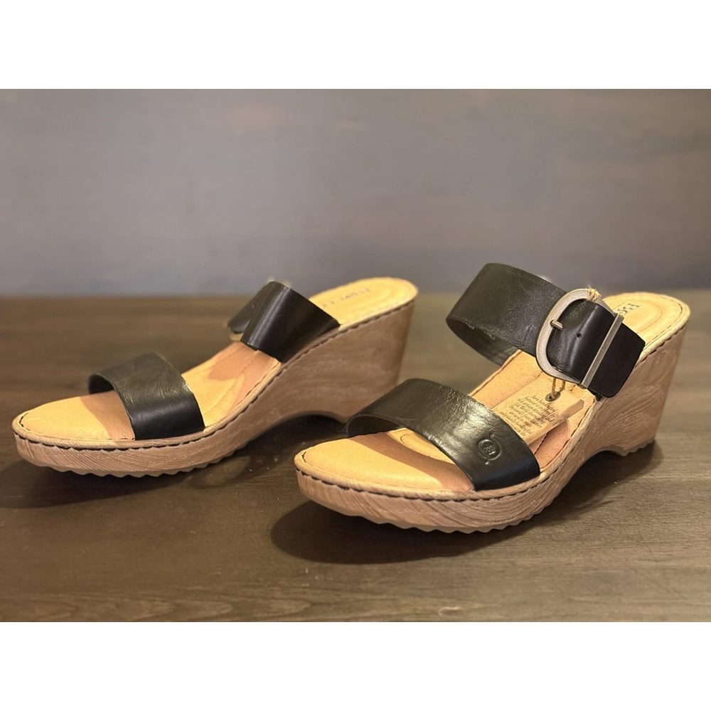 Born Women's Emily LEATHER Buckle Straps Wedge Mule Sandals 10 M BLACK - Picture 5 of 15